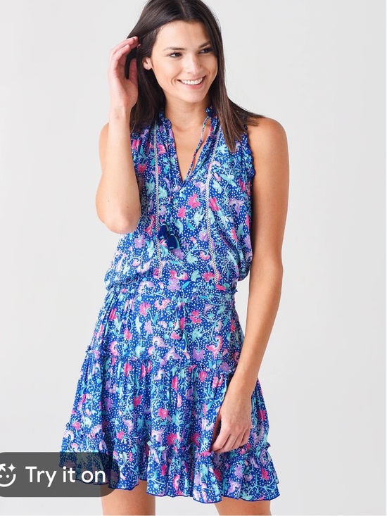 Poupette St Barth Dresses & Skirts - Poupette St Barth Blue Floral Halter Mini Dress with Pink Accents